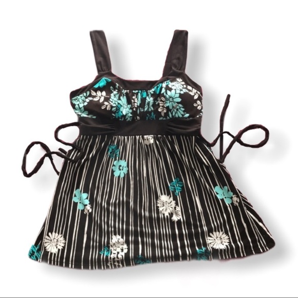 Speechless Tops - Speechless Floral Shelf Bra Tank Top Flowing Hem Small Teal Brown And White